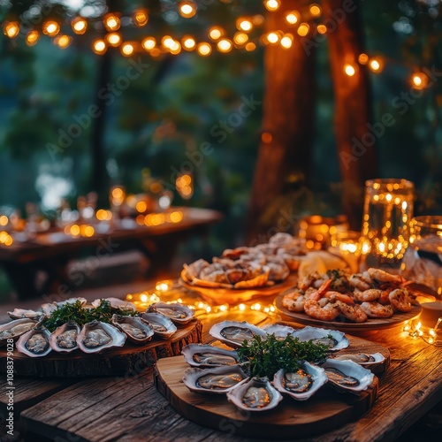 A cozy outdoor dining setup featuring platters of seafood, illuminated by warm string lights, creating a festive atmosphere.