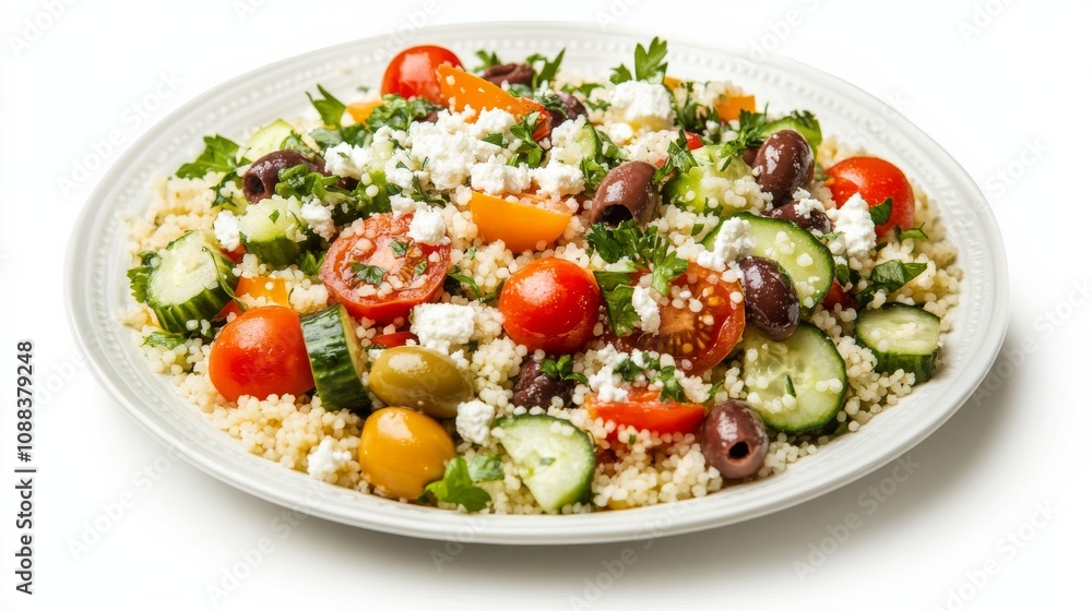 A colorful plate of Mediterranean couscous salad with couscous, cherry tomatoes, cucumber A colorful plate of Mediterranean couscous salad with couscous, cherry tomatoes, cucumber