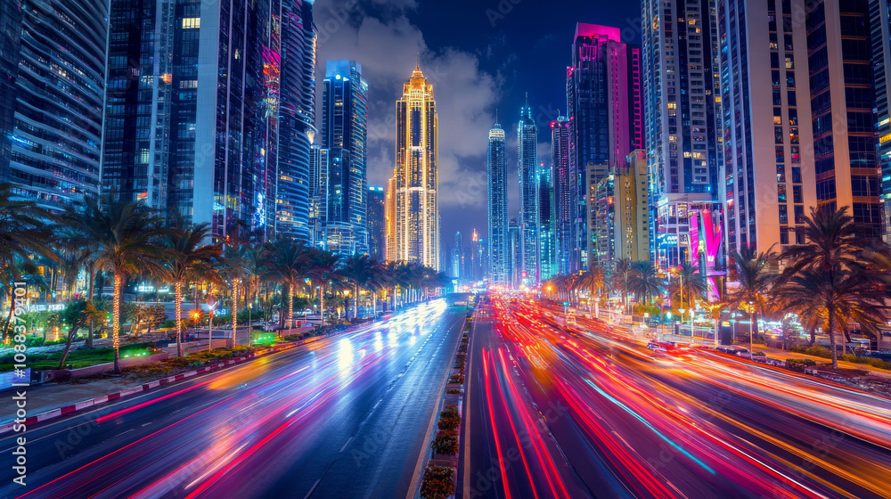Fototapeta premium Dubai Night Cityscape: Skyscrapers, Traffic Lights, Palm Trees