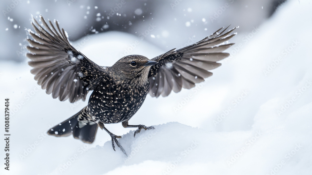 Snowbird Wings Spread, Winter Flight, Mountain Bird, Black and White Bird, Snowy Landscape