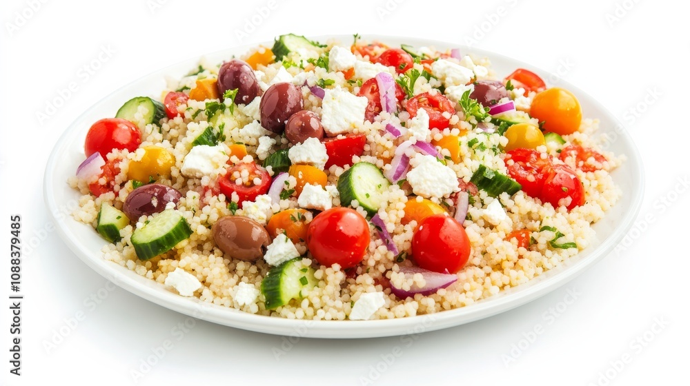 A colorful plate of Mediterranean couscous salad with fluffy couscous, cherry tomatoes, cucumbers A colorful plate of Mediterranean couscous salad with fluffy couscous, cherry tomatoes, cucumbers