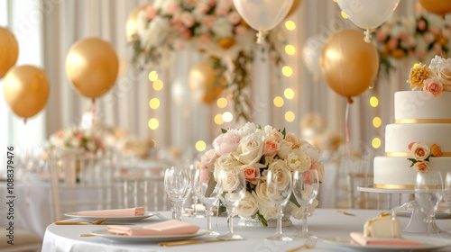 Elegant gold balloons floating above a stunning wedding reception soft lighting floral centerpieces romantic atmosphere