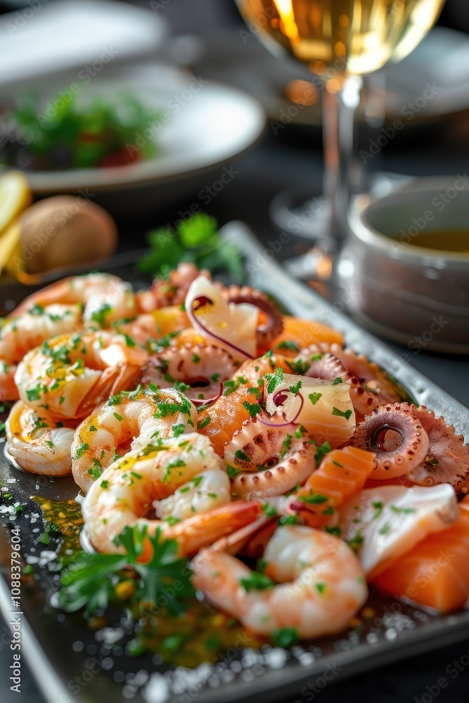 A beautifully arranged seafood platter featuring shrimp and octopus, garnished with herbs, served with white wine in an elegant setting. A beautifully arranged seafood platter featuring shrimp and octopus, garnished with herbs, served with white wine in an elegant setting.