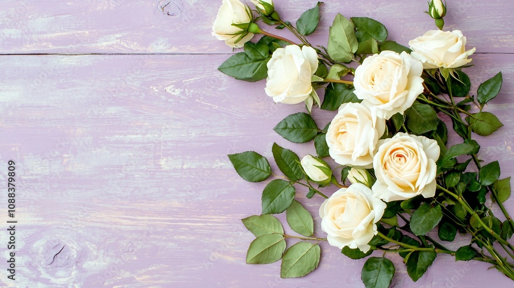 Delicate Arrangement of Cream Roses on Rustic Purple Wooden Background, Perfect for Floral Decor, Weddings, and Romantic Themes Delicate Arrangement of Cream Roses on Rustic Purple Wooden Background, Perfect for Floral Decor, Weddings, and Romantic Themes