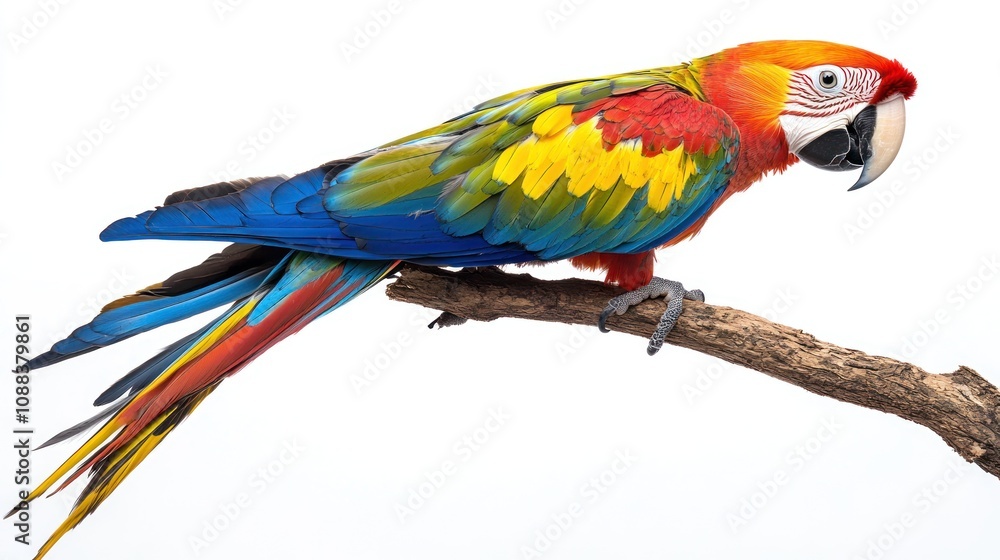 Fototapeta premium Colorful parrot sitting on a branch on white background