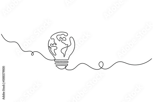continuous one line drawing of earth hour isolate globe map simple vector icon