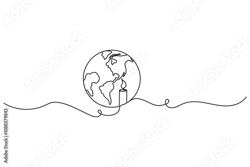 continuous one line drawing of earth hour isolate globe map simple vector icon