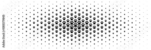 halftone of black animal paw footprint spread from center for background.