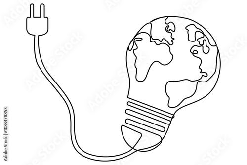 continuous one line drawing of earth hour isolate globe map simple vector icon