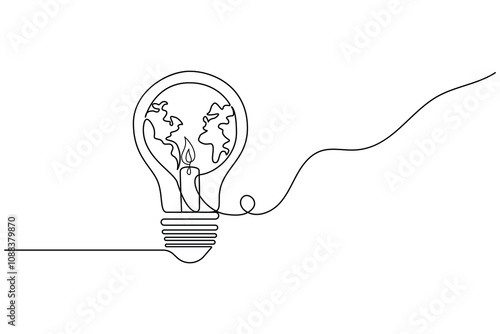continuous one line drawing of earth hour isolate globe map simple vector icon