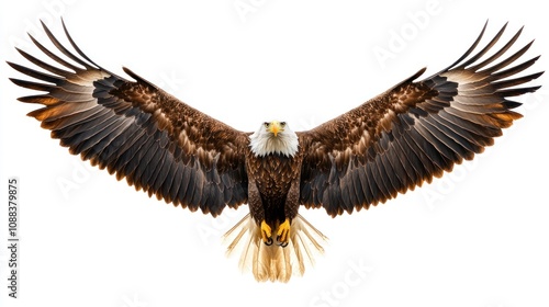 Eagle spreading its wings in the air above the mountain white background