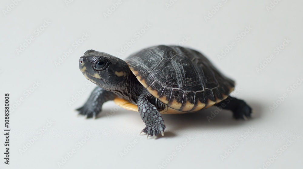 Obraz premium Little turtle crawling forward slowly on white background