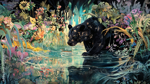 Black Bear in Enchanting Floral Swamp: Digital Painting