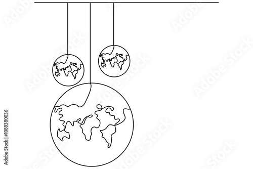 continuous one line drawing of earth hour isolate globe map simple vector icon