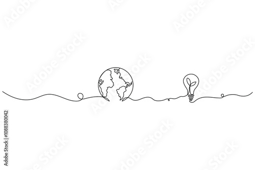 continuous one line drawing of earth hour isolate globe map simple vector icon