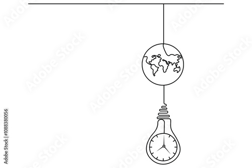 continuous one line drawing of earth hour isolate globe map simple vector icon
