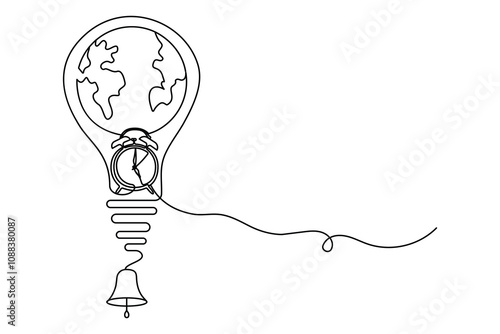continuous one line drawing of earth hour isolate globe map simple vector icon