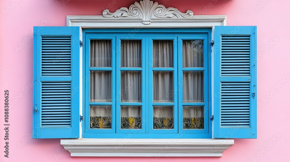 Fototapeta premium A charming blue window with shutters on a pink wall