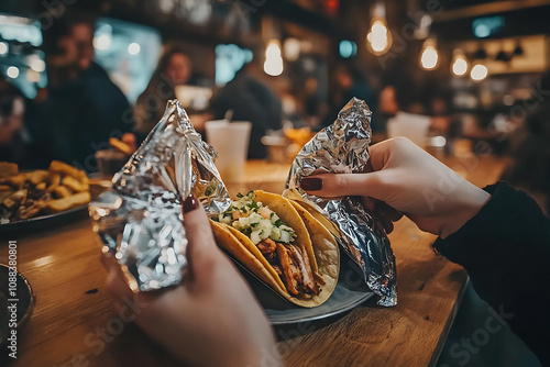 person unwraps delicious tacos in lively restaurant setting, surrounded by warm lighting and bustling atmosphere. scene captures anticipation and enjoyment of meal photo