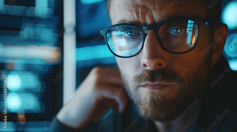 Portrait of Software Developer Hacker Wearing Glasses Sitting at His Desk and Working on Futuristic Transparent Computer in Digital Identity Cyber Security Data Center. Hacking Portrait of Software Developer Hacker Wearing Glasses Sitting at His Desk and Working on Futuristic Transparent Computer in Digital Identity Cyber Security Data Center. Hacking