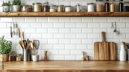 Rustic Kitchen With Wooden Shelves And White Tiles photo