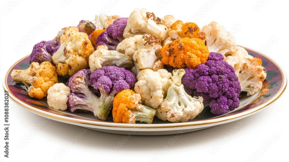 A colorful plate of rainbow roasted cauliflower with purple, orange, and white cauliflower florets A colorful plate of rainbow roasted cauliflower with purple, orange, and white cauliflower florets
