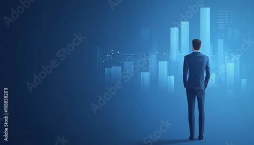 Businessman reviewing financial data and a growth graph for business strategy and investment progress, with a blue background symbolizing professionalism