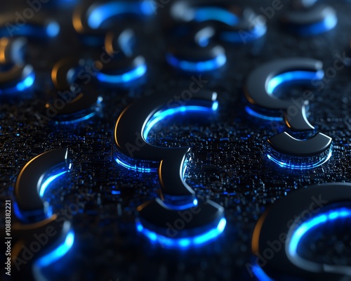 Dark abstract background with numerous glowing blue digital question marks, rendered in 3D for a futuristic and thoughtprovoking atmosphere photo