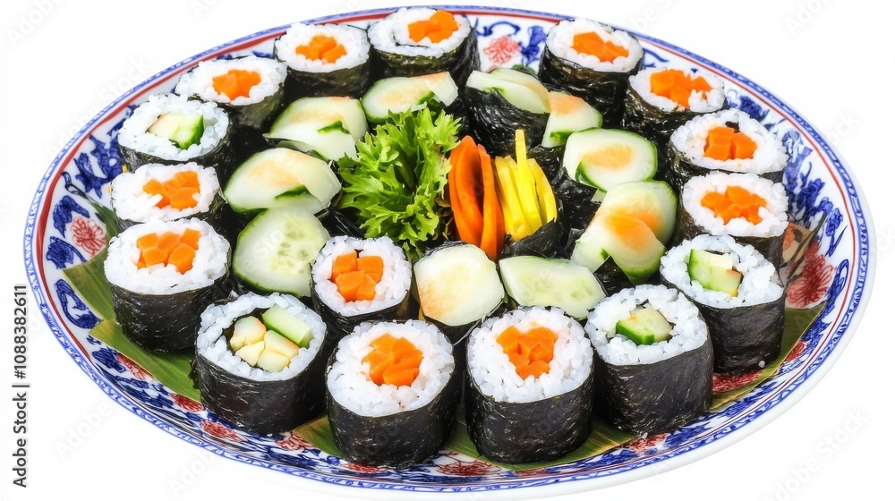A colorful plate of rainbow vegetable sushi rolls with avocado, cucumber, carrot A colorful plate of rainbow vegetable sushi rolls with avocado, cucumber, carrot