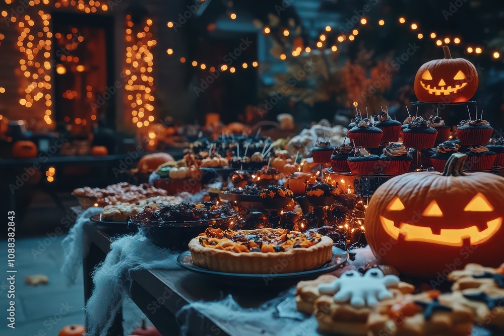 Halloween Dessert Table with Jack-o'-Lanterns and Fairy Lights. Halloween Dessert Table with Jack-o'-Lanterns and Fairy Lights.