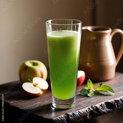 Emerald Green Apple Juice in Tall Glass with Rustic Wooden Charm and Fresh Accents