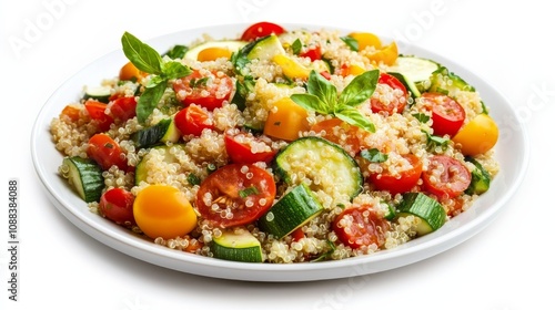 A colorful plate of roasted vegetable quinoa salad with bell peppers, zucchini, cherry tomatoes