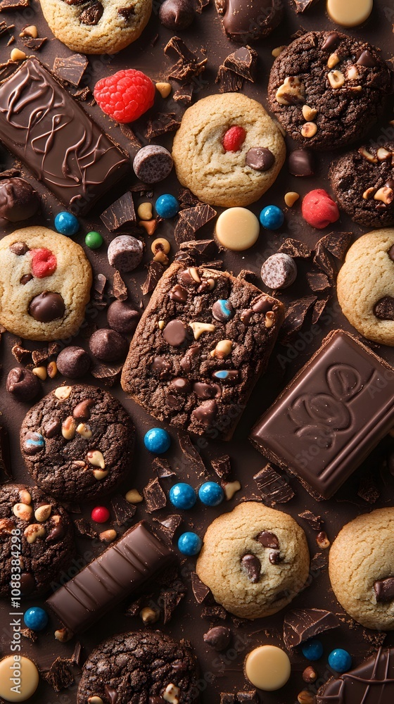 A tempting array of assorted cookies and chocolates on a glossy background. A tempting array of assorted cookies and chocolates on a glossy background.
