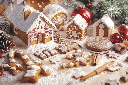 christmas gingerbread house with christmas decoration background  photo