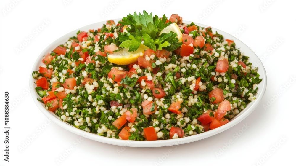 A colorful plate of tabbouleh with parsley, tomatoes, bulgur