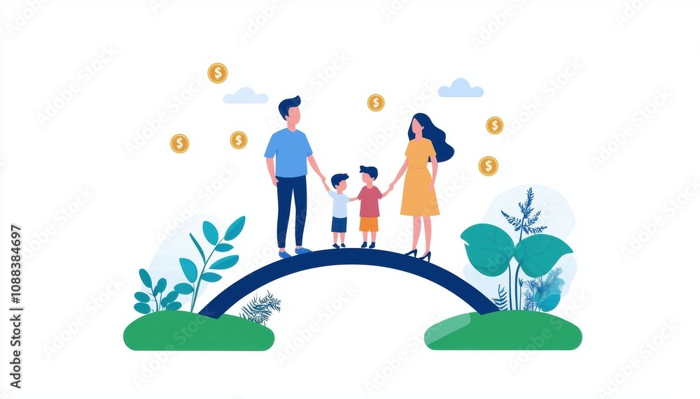Building a secure future family life insurance on a bridge of coins amidst lush greenery digital art family-centered viewpoint Building a secure future family life insurance on a bridge of coins amidst lush greenery digital art family-centered viewpoint