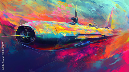 Vibrant Spaceship Painting, Futuristic Vessel, Cosmic Art, Digital Illustration, Abstract Background