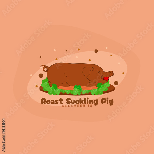 National Roast Suckling Pig Day to celebrate on December 18th. A suckling pig with an apple in its mouth decorated with vegetables on a wooden plate. Food event banner.