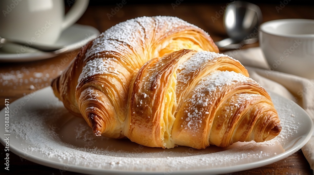 Golden croissant stuffed with almond cream and topped with powdered sugar. Golden croissant stuffed with almond cream and topped with powdered sugar.
