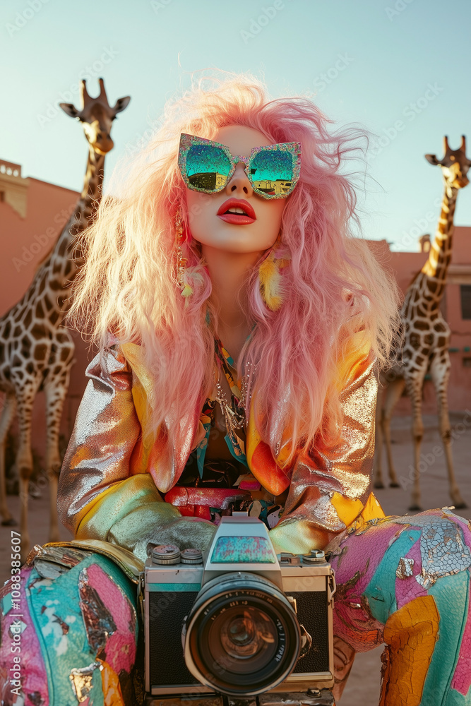 Fototapeta premium Portrait of beautiful woman with long pink hair and old retro camera with giraffes in background