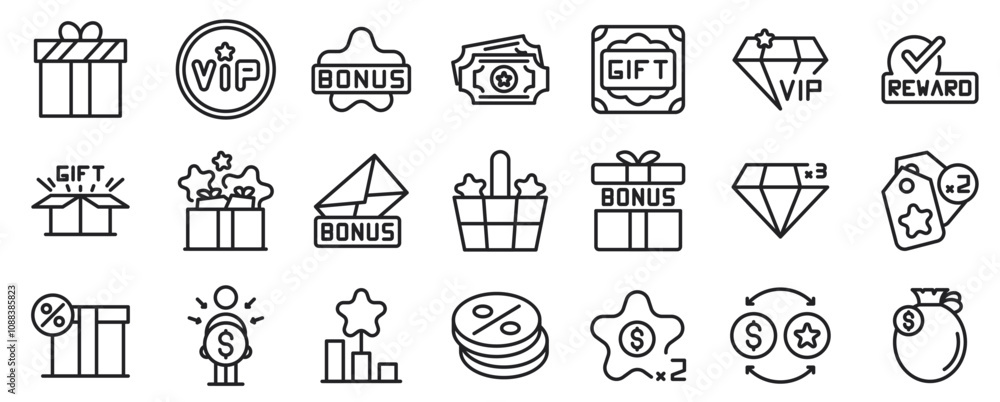 Exclusive benefit, prize, incentive, reward editable stroke outline icons set isolated on white background flat vector illustration Exclusive benefit, prize, incentive, reward editable stroke outline icons set isolated on white background flat vector illustration