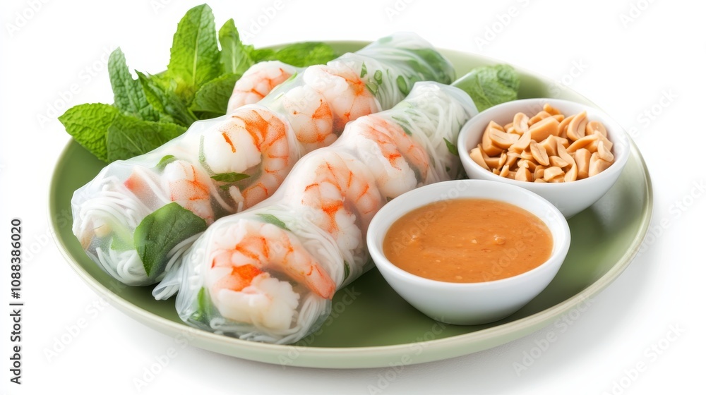A colorful plate of Vietnamese spring rolls with shrimp, vermicelli noodles, lettuce A colorful plate of Vietnamese spring rolls with shrimp, vermicelli noodles, lettuce