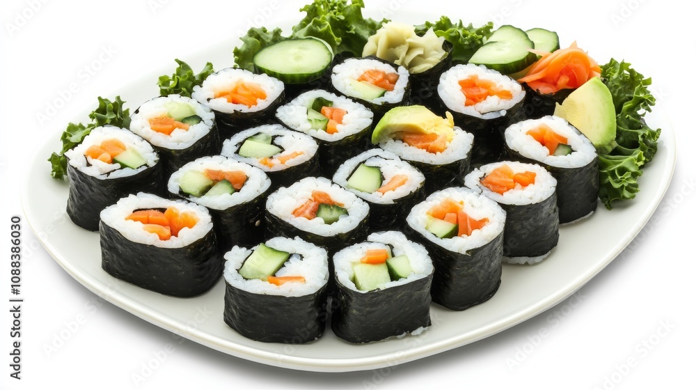 A colorful plate of vegetable sushi rolls with avocado, cucumber, and carrot A colorful plate of vegetable sushi rolls with avocado, cucumber, and carrot