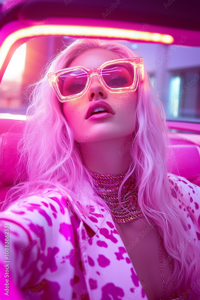 Attractive woman in animal printed blouse and big sunglasses sitting in car under neon lights Attractive woman in animal printed blouse and big sunglasses sitting in car under neon lights