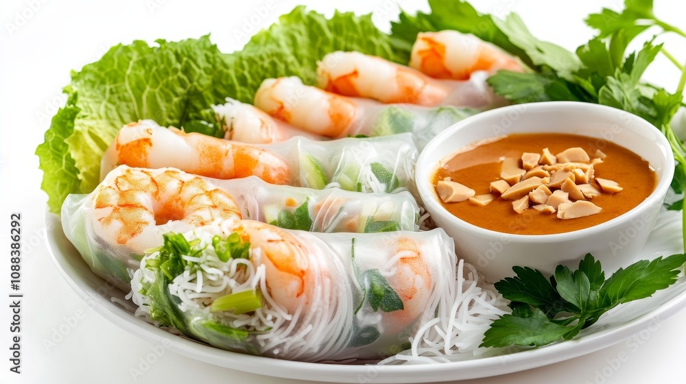A colorful plate of Vietnamese summer rolls with shrimp, rice noodles, lettuce A colorful plate of Vietnamese summer rolls with shrimp, rice noodles, lettuce