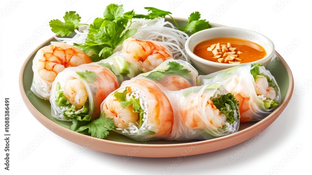 A colorful plate of Vietnamese summer rolls with shrimp, rice noodles, lettuce A colorful plate of Vietnamese summer rolls with shrimp, rice noodles, lettuce