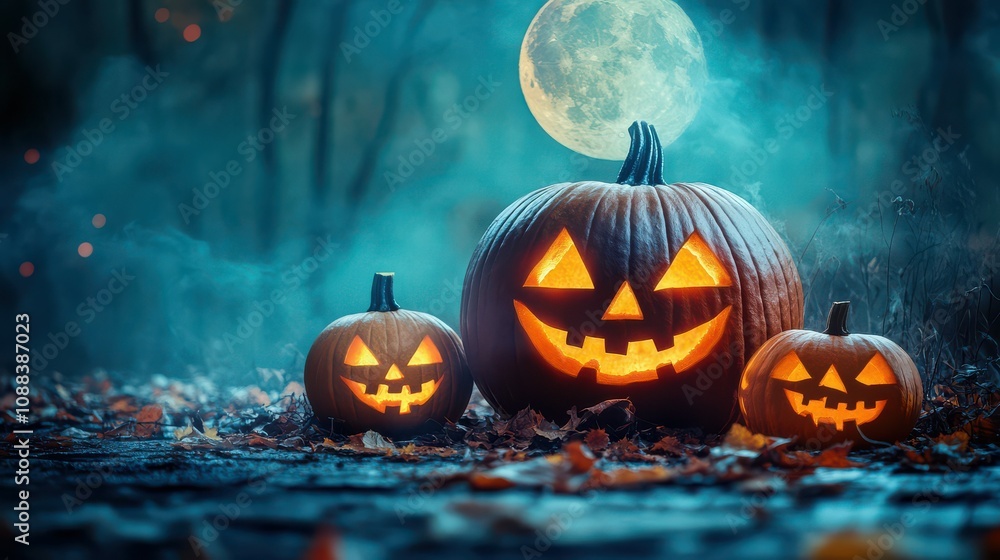 Jack-O'-Lanterns in a Foggy Forest. Jack-O'-Lanterns in a Foggy Forest.