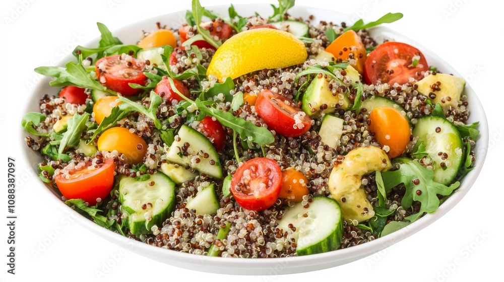 A colorful quinoa salad with mixed bell peppers, cherry tomatoes, cucumber A colorful quinoa salad with mixed bell peppers, cherry tomatoes, cucumber