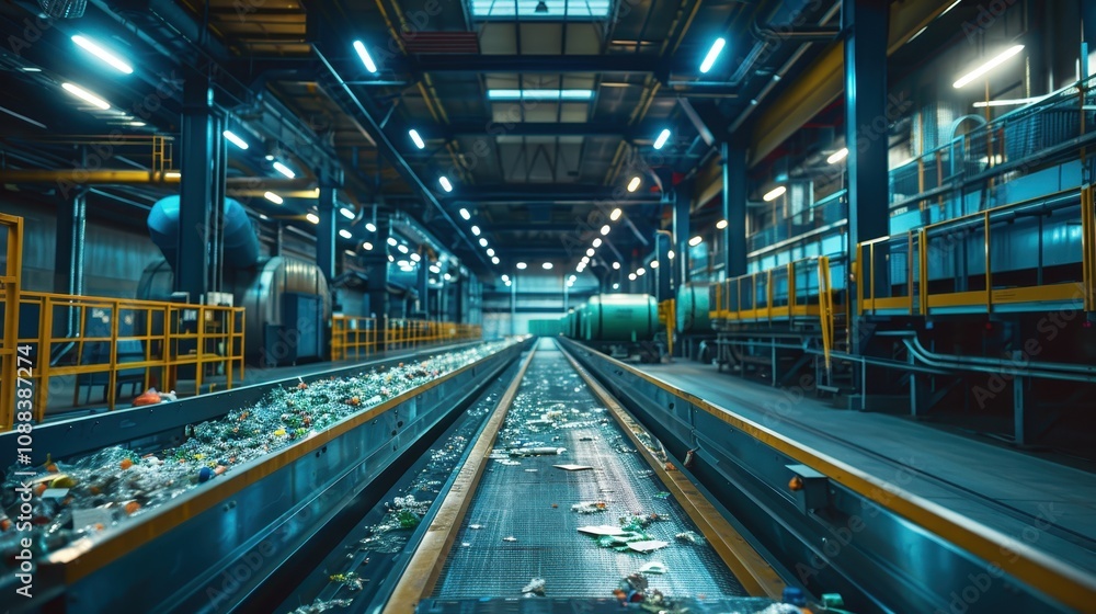 A modern industrial facility showcasing a conveyor belt lined with materials, illuminated by bright overhead lights, conveying a sense of efficiency and productivity. A modern industrial facility showcasing a conveyor belt lined with materials, illuminated by bright overhead lights, conveying a sense of efficiency and productivity.