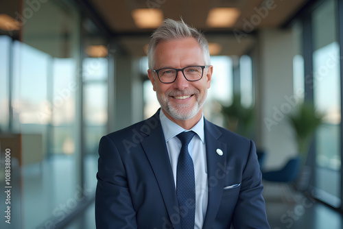 portrait of successful senior businessman consultant looking at camera and smiling inside modern office building